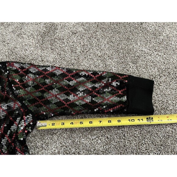 EXPRESS Black Red Silver Sequin Pullover Sweatshirt Top 3/4” Sleeve Size Large - Picture 9 of 10